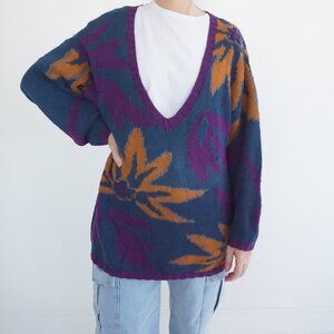 Vintage Express Blue Purple Floral Abstract Pattern V Neck Knit Sweater M
